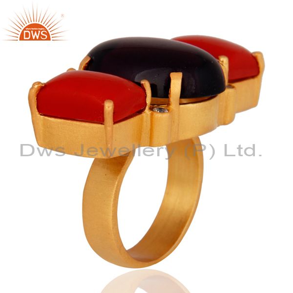 Exporter Handmade Red Coral And Hydro Amethyst Gold Plated Ring With CZ