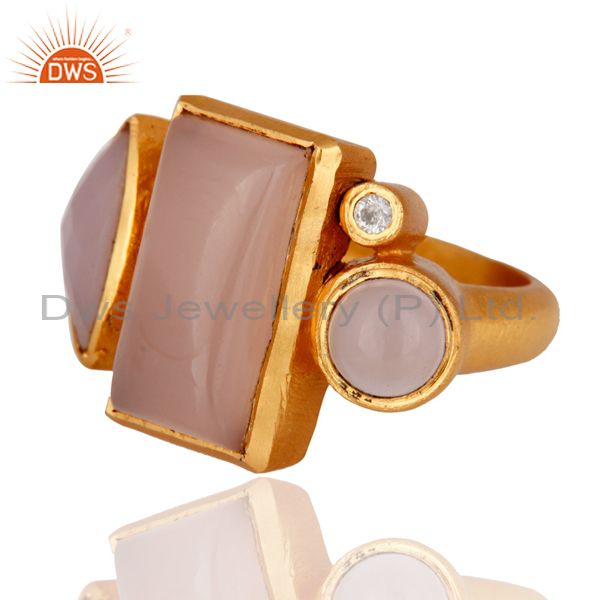 Exporter Handmade Rose Chalcedony Gemstone Designer Ring Made 22K Gold Over Brass