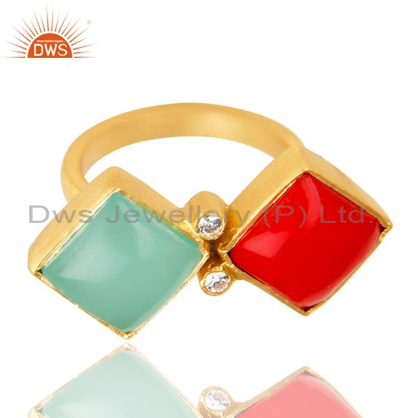 Exporter Handmade Red Coral And Aqua Blue Chalcedony Ring Made In 18K Gold Over Brass
