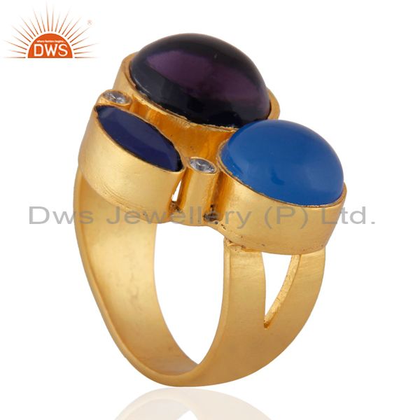 Exporter Amethyst, Lapis Lazuli And Aqua Blue Chalcedony Ring Made In 22K Gold Over Brass