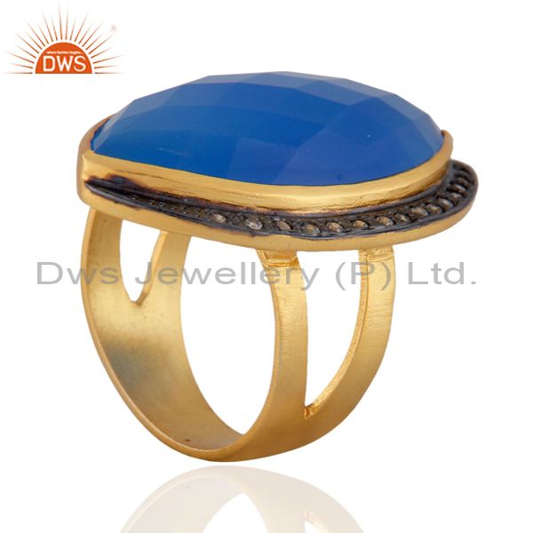 Exporter 14K Yellow Gold Plated Aqua Blue Chalcedony Split Shank Statement Ring With CZ