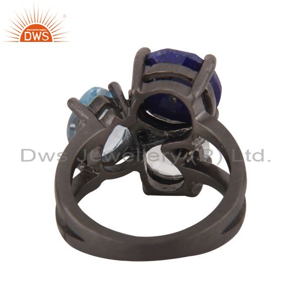 Suppliers Oxidized Sterling Silver Lapis Lazuli, Crystal Quartz And Blue Topaz Prong Ring