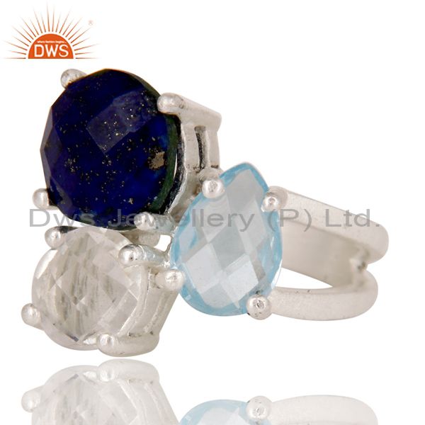Wholesalers Blue Topaz, Crystal Quartz And Lapis Lazuli Cluster Ring Made In Sterling Silver