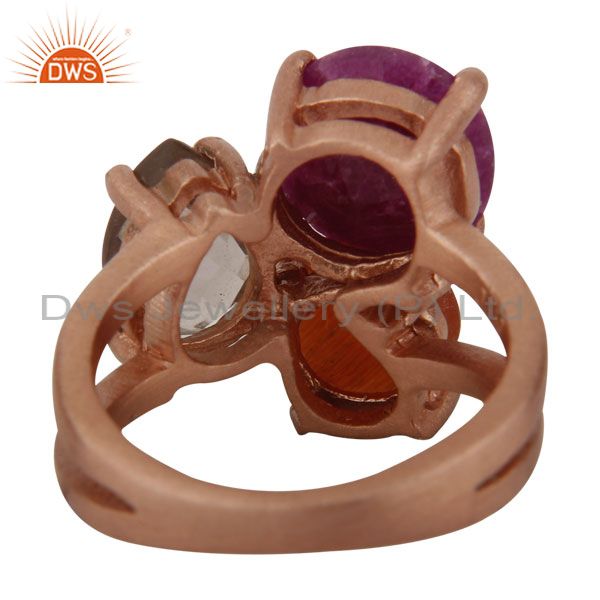 Exporter 18K Rose Gold On Sterling Silver Dyed Ruby, Peach Moonstone & Smoky Quartz Ring
