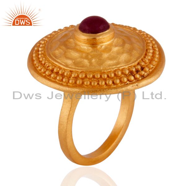 Exporter 22K Yellow Gold Plated Dyed Ruby Granulated Rope Cocktail Brass Ring