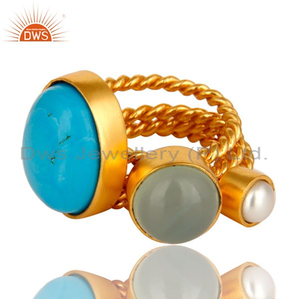 Exporter Turquoise, Blue Chalcedony And White Pearl Gold Plated Twisted Ring 3 Pcs Set