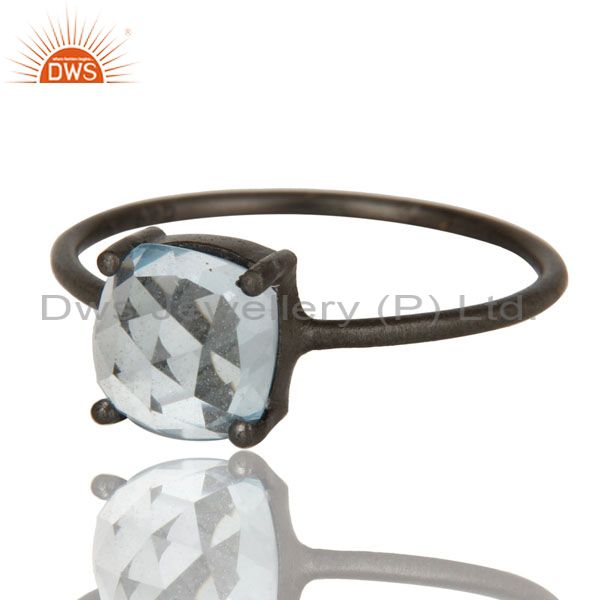 Exporter Oxidized Sterling Silver Natural Blue Topaz Prong Set Gemstone Stackable Ring