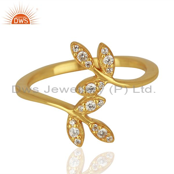 Exporter Leaf Design Gold Plated 925 Silver CZ Engagement Ring Jewelry Supplier