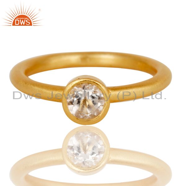 Designers 18k Gold Plated Sterling Silver Natural Crystal Quartz Round Cut Stackable Ring