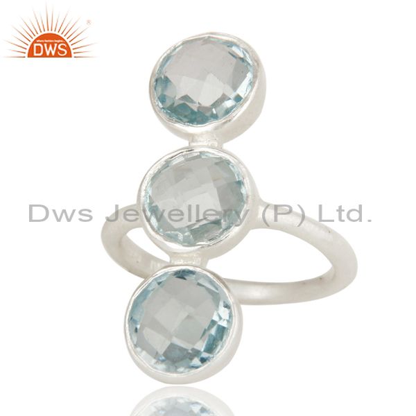 Wholesalers 925 Sterling Silver Natural Blue Topaz Gemstone Three Stone Statement Ring