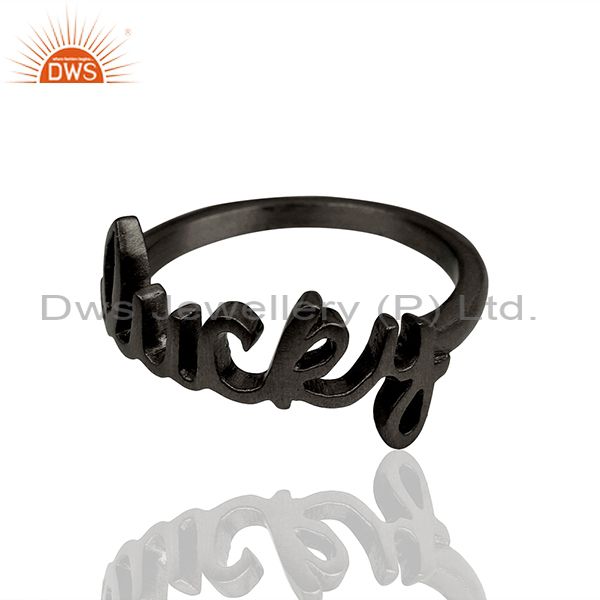 Exporter Black Rhodium Plated Sterling Silver Cursive Style "Lucky" Ring
