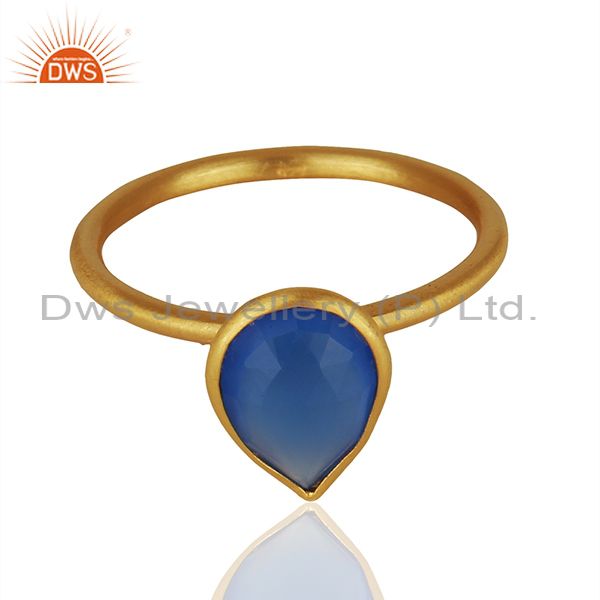 Exporter Blue Chalcedony Gemstone Gold Plated 925 Silver Stackable Ring Jewelry