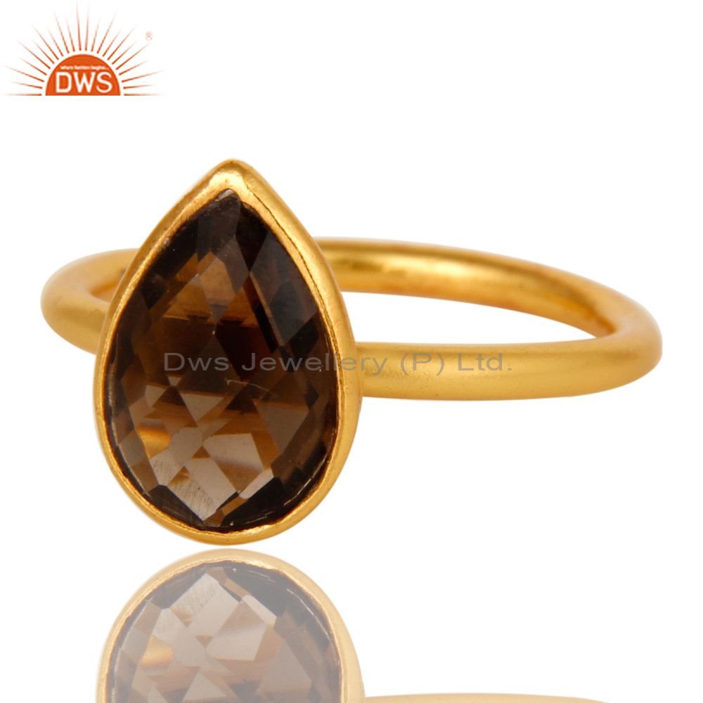 Wholesalers 18K Yellow Gold Plated Sterling Silver Smoky Quartz Bezel Set Stackable Ring