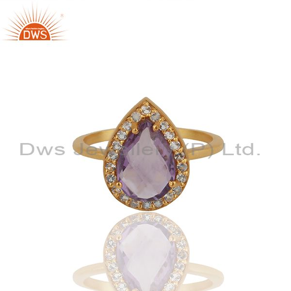 Exporter Pear Shape Amethyst Birthstone White Topaz 925 Silver Gold Plated Ring