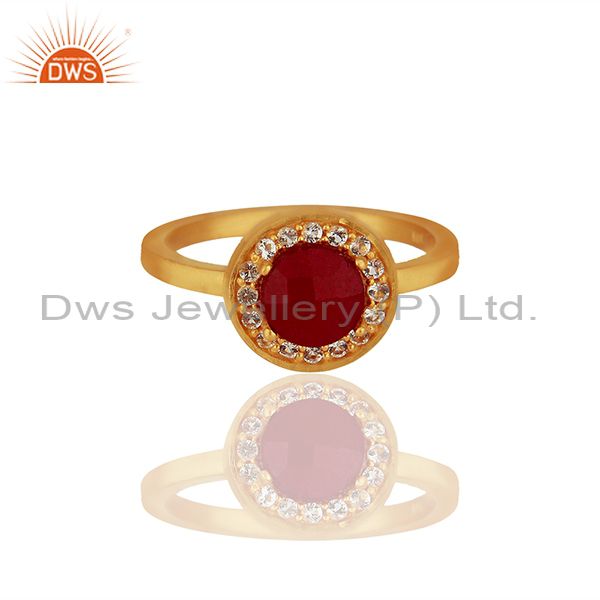 Exporter White Topaz and Ruby Gemstone 92.5 Silver Gold Plated Rings Jewelry