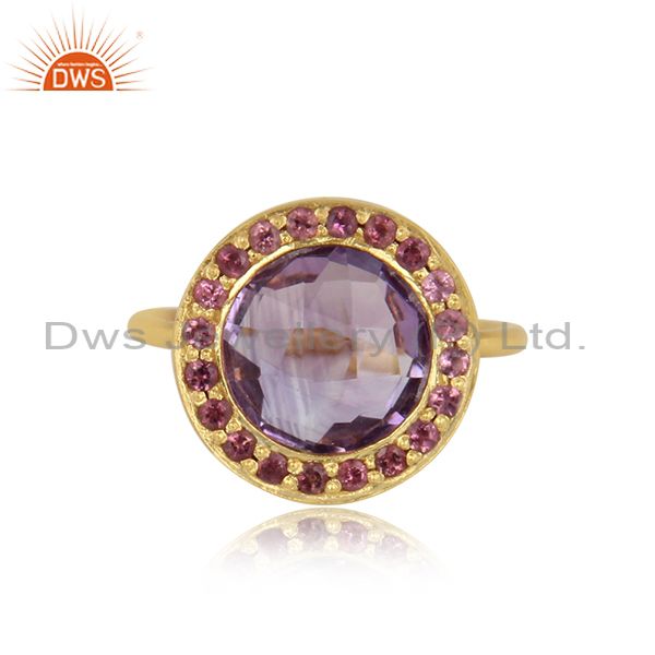 Designer pink tourmaline, amethyst halo ring in yellow gold on silver
