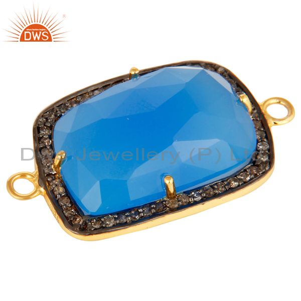 Exporter 18K Gold Plated Sterling Silver Blue Chalcedony Pave Diamond Gemstone Connector