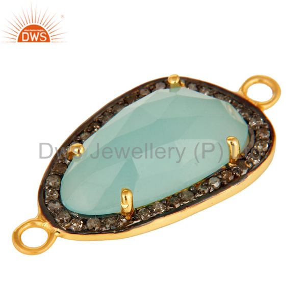 Exporter 18K Gold Over Sterling Silvrer Dyed Aqua Blue Chalcedony Pave Diamond Connector