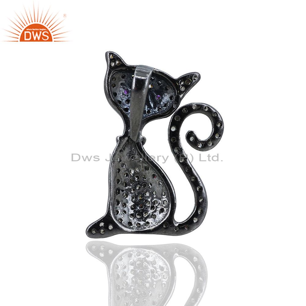 Exporter Natural Diamond Cat Pendant Ruby Gemstone Charm 925 Sterling Silver Pave Jewelry