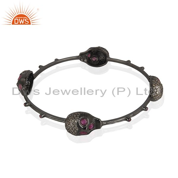 Supplier of Four skull bangle pave diamond ruby 925 silver handmade jewelry