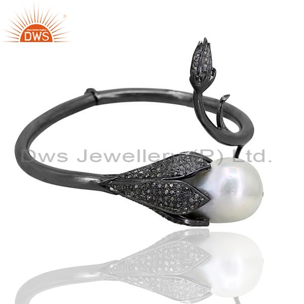 Exporter Fine 925 Silver Pearl Pave 1.54 Ct Diamond Cuff Bangle Bracelet Designer Jewelry