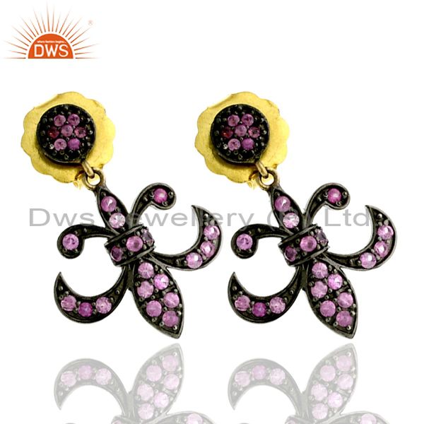 Exporter 0.85ct Pink Sapphire Fleur De Lis Design Dangle Earrings 14k Gold Silver Jewelry