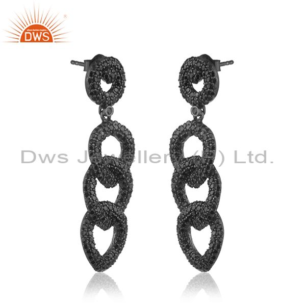 Exporter 925 Sterling Silver Black Spinel Pave Link Chain Long Earrings