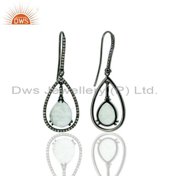 Tear drop moonstone faceted pave diamond gemstone fine silver dangle earring