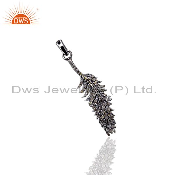 "solid .925 sterling silver natural diamond pave feather pendant designer jewelr
