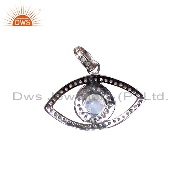 Evil eye design rainbow moonstone & pave diamonds 925 sterling silver pendant