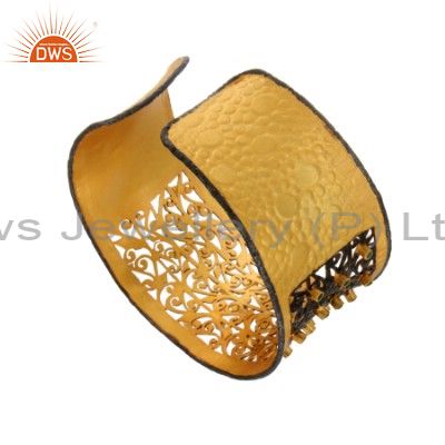 Exporter 18K Yellow Gold Sterling Silver Emerald Gemstone Designer Wide Cuff Bracelet