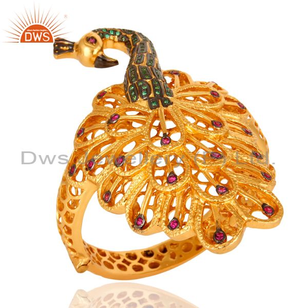 Supplier of 14k gold plated peacock design bridal fashion bangle red green cz