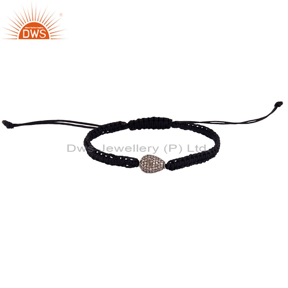 Exporter 925 Sterling Silver Diamond Pave Beads Fashion Macrame Black Cord Bracelet