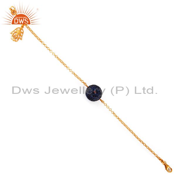 Exporter 18K Gold Plated Sterling Silver Blue Sapphire Chain Bracelet With Hamsa Charm