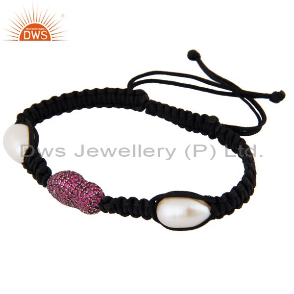 Exporter Sterling Silver Ruby Pave Bead Macrame Bracelet Natural Pearl Fashion Jewelry