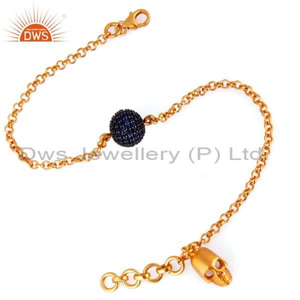 Exporter New Blue Sapphire Bead 18k Gold Over 925 Sterling Silver Skull Charm Bracelet