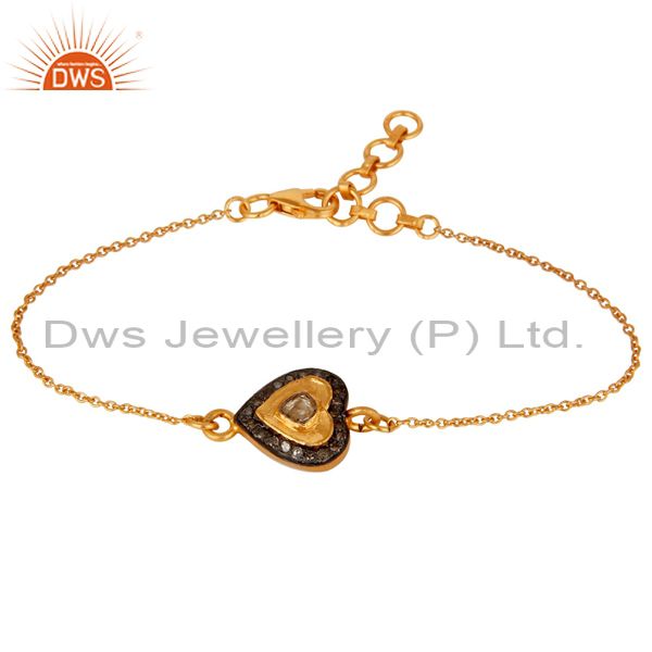 Exporter Diamond Polki and 18K Gold Plated Sterling Silver Heart Shape Chain Bracelet
