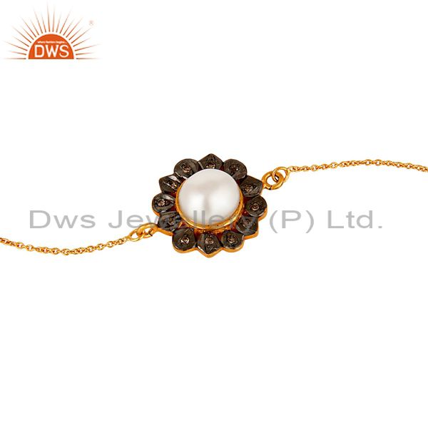 Exporter Pearl and Diamond 18K Gold Plated 925 Silver Bracelet with Adjustable Chain Link