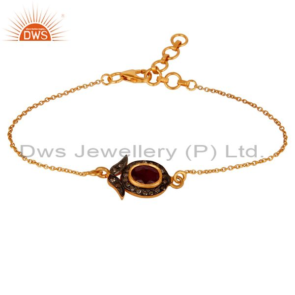 Exporter Ruby and Diamond 18K Gold Plated 925 Silver Bracelet with Adjustable Chain Link