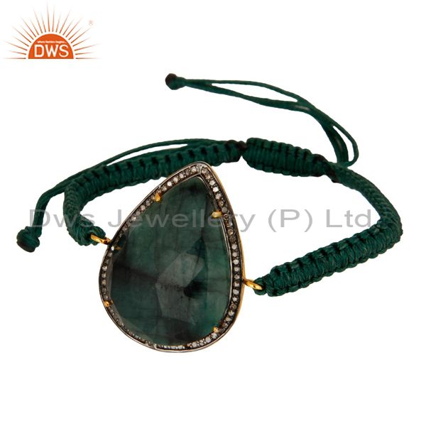 Exporter Natural Emerald Gemstone Pave Diamond Sterling Silver Macrame Bracelet