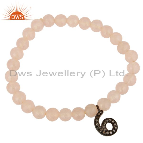 Exporter Rose Chalcedony Stretch Bracelet With Pave Set Diamond 6 Number Charms