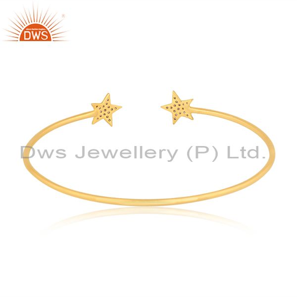 Exporter Pave Set Diamond Star Adjustable Open Bangle Made In 14K Yellow Gold Over Silver
