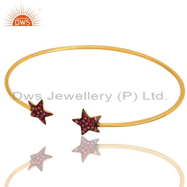 Exporter 18K Yellow Gold Plated Silver Pink Sapphire Star Stackable Open Bangle