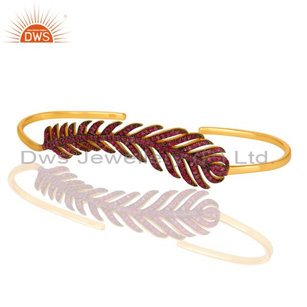Exporter Ruby Gemstone Leaf Designer Wedding Palm Bracelet Made In 14K Gold Over Silver