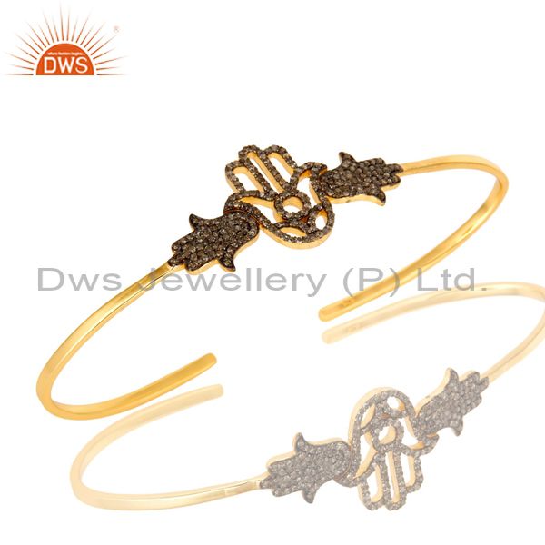 Exporter Pave Set Diamond Hamsa Hand Cuff Bangle Made In 18K Gold Overlay Silver