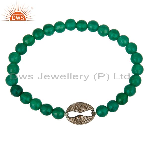 Exporter Faceted Green Onyx Beads Stretch Bracelet With Pave Set Diamond Silver Charms