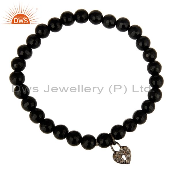 Exporter Faceted Black Onyx Beads Pave Diamond Sterling Silver Lock Charms Bracelet