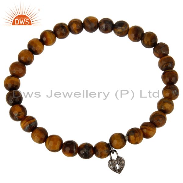 Exporter Faceted Tiger Eye Gemstone Beads Pave Diamond Silver Lock Charms Bracelet