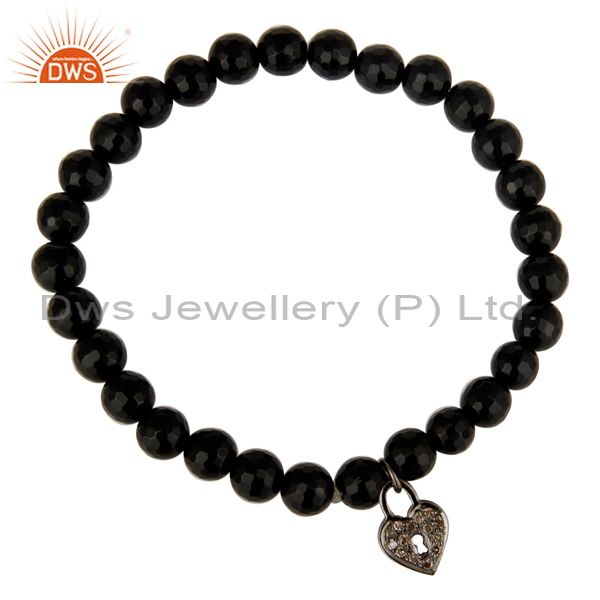 Exporter 6mm Black Onyx Gemstone Beads Stretch Bracelet With Silver Pave Diamond Charms