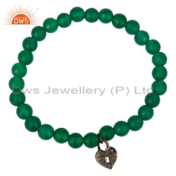 Exporter 6mm Green Onyx Gemstone Beads Stretch Bracelet With Silver Pave Diamond Charms